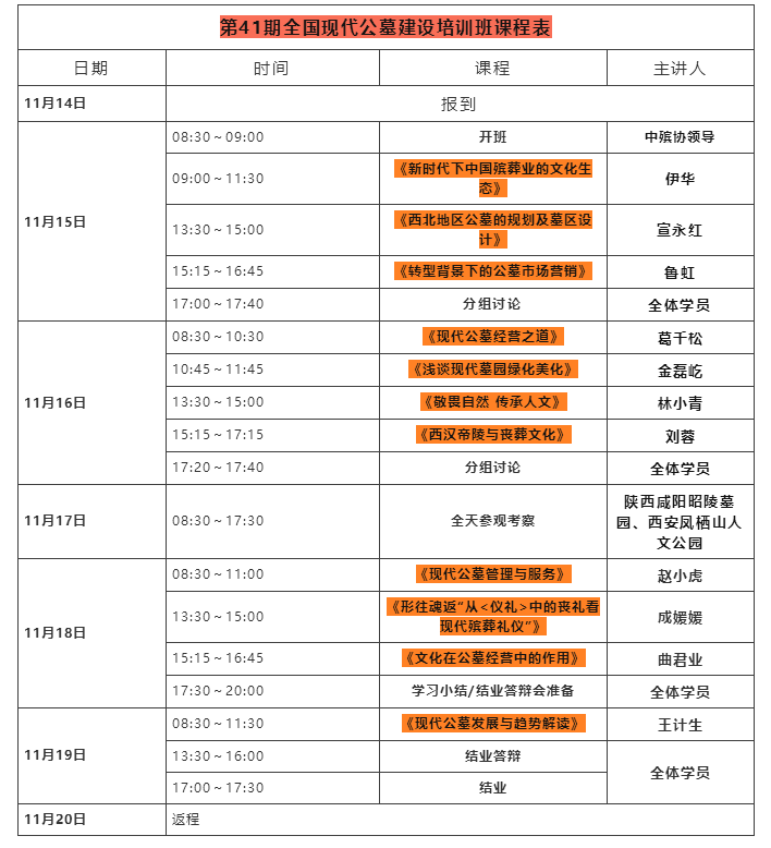 第41期全国现代公墓建设培训班课程表