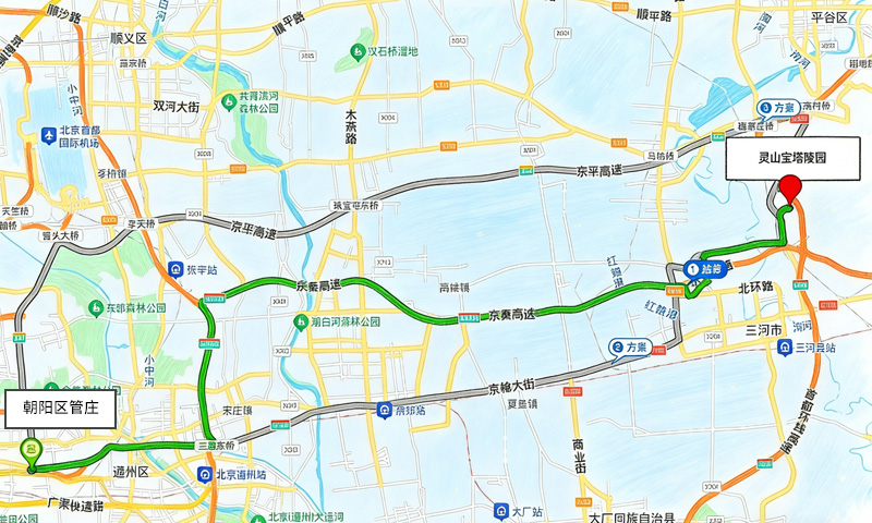朝阳区管庄到灵山宝塔陵园交通示意图
