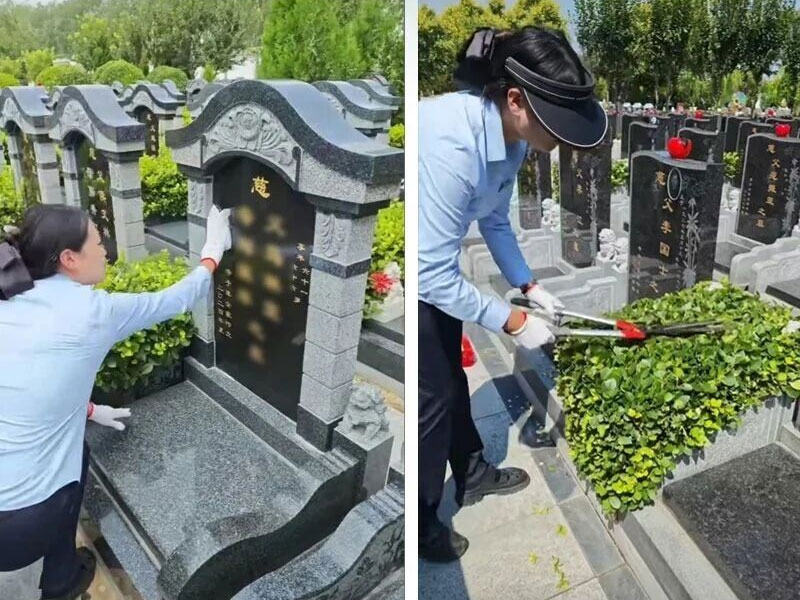 清颐园售后人员对参与活动的墓碑进行深度清洁